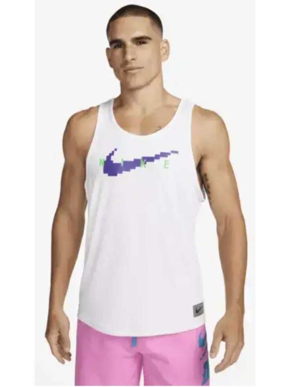 Nike SWIM RI-FIT Digi Logo Tank Top Shirt White NESSD668 Mens Small New with Tag